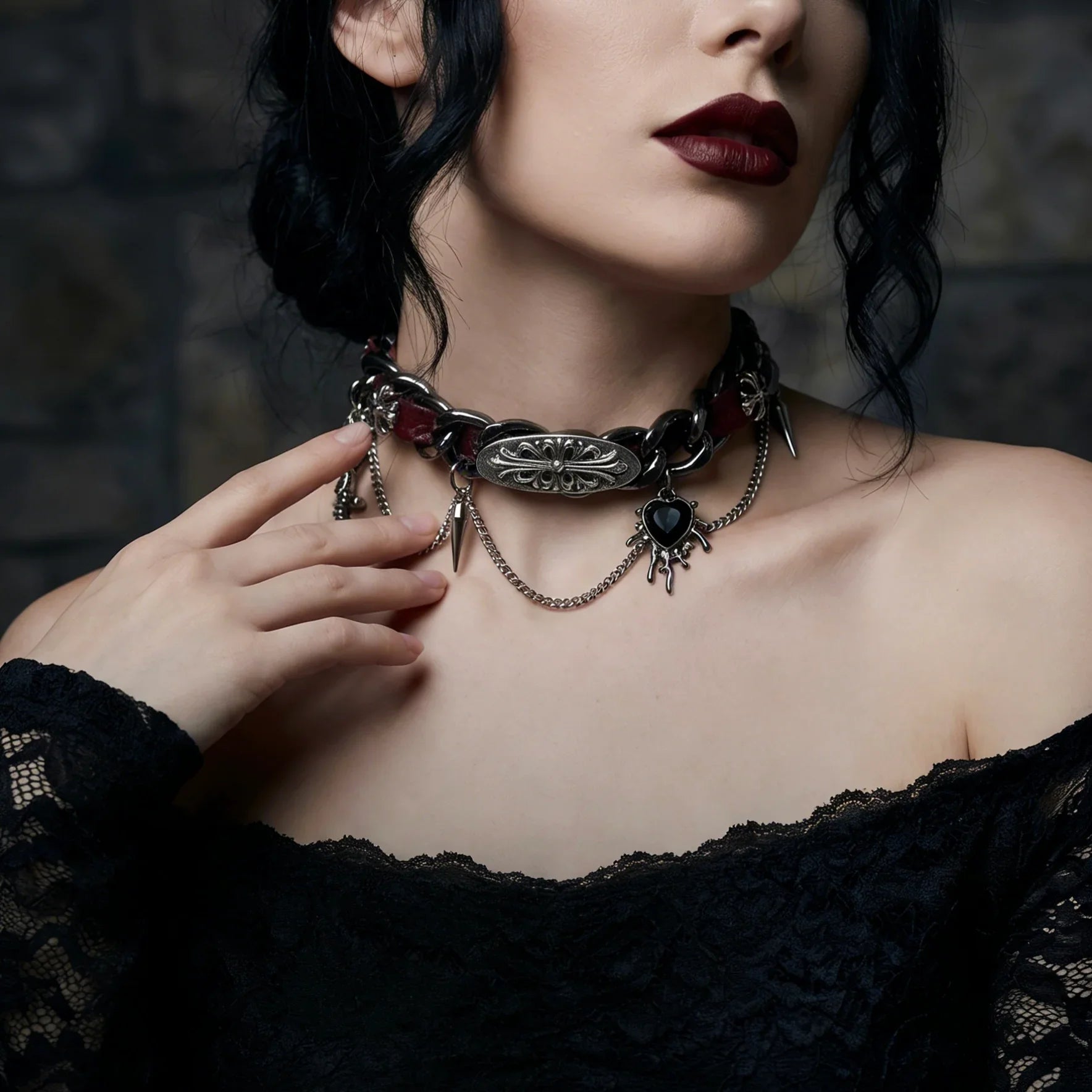 Woman wearing a gothic-style necklace with dark makeup, dark gothic style