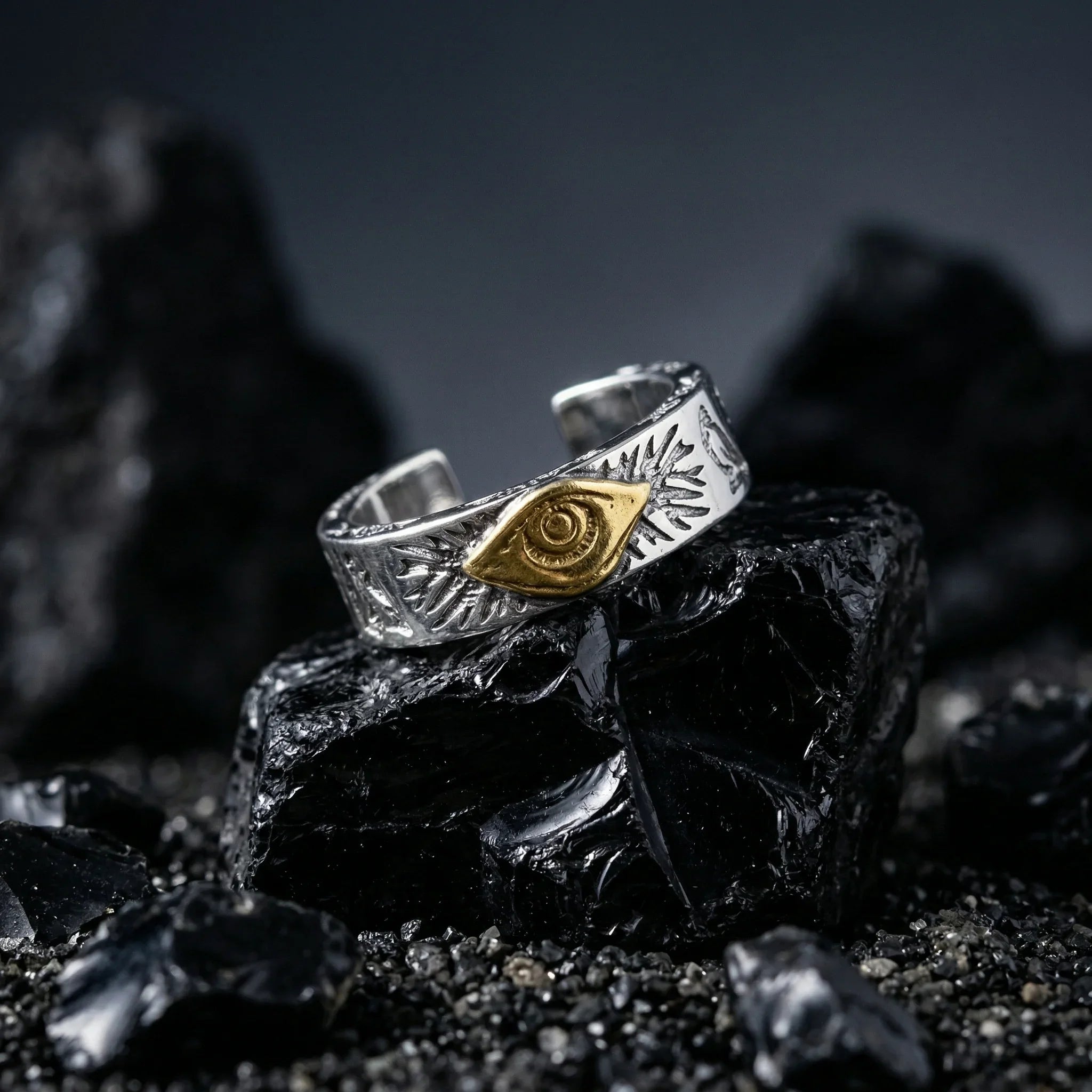 Veilhinge Gothic Eye Ring with gold eye symbol and silver carved details Main image