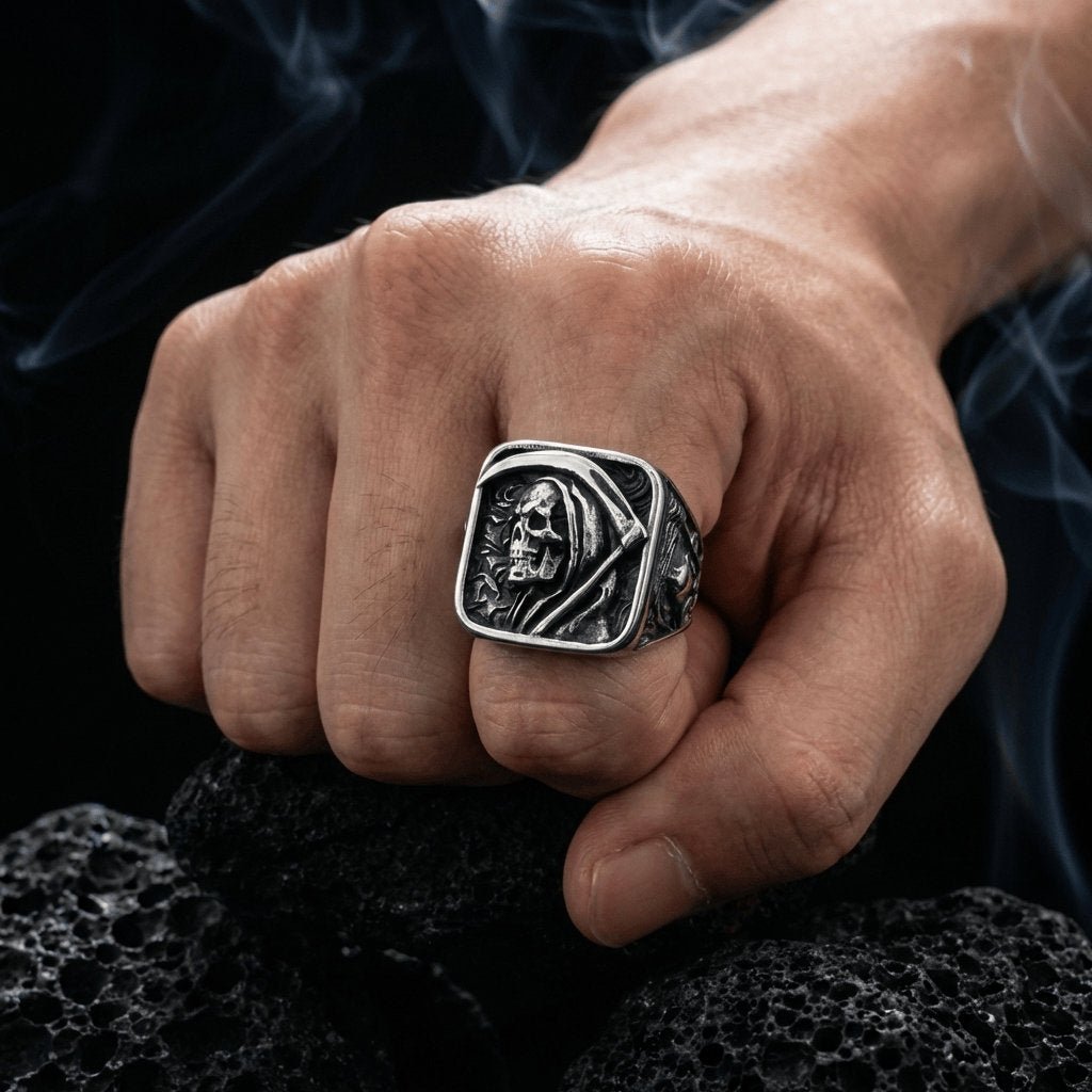 gothic grim reaper ring stainless steel worn on hand dark aesthetic style