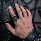 Gothic Skull Jaw Ring worn on male hand, separable upper and lower jaw design, dark gothic style