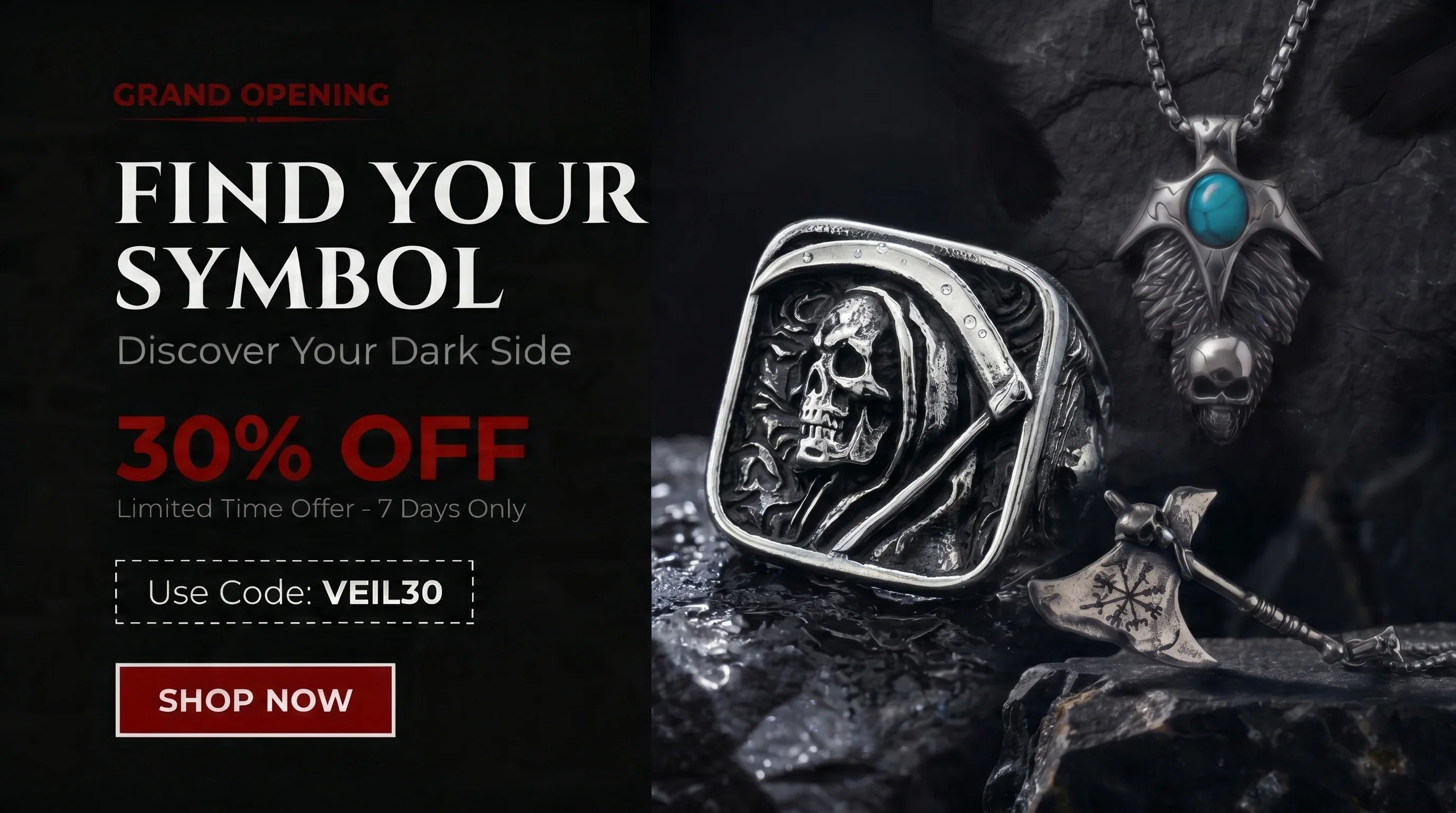 Veilhinge grand opening promotion banner - 30% OFF with code VEIL30, featuring Grim Reaper ring, skull pendants, and Viking axe jewelry