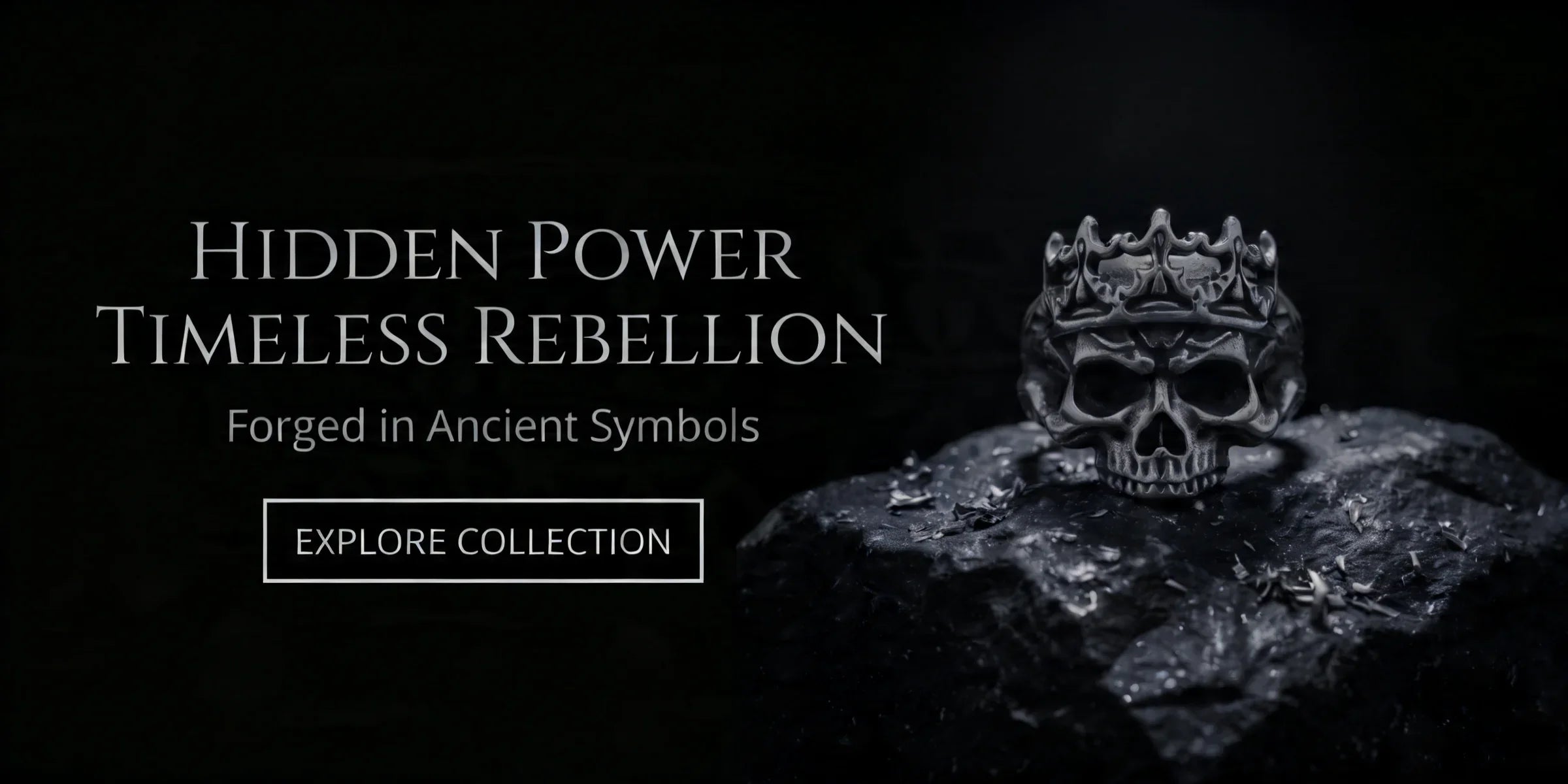 Veilhinge homepage hero banner featuring skull crown ring on black volcanic rock - Hidden Power, Timeless Rebellion, forged in ancient symbols