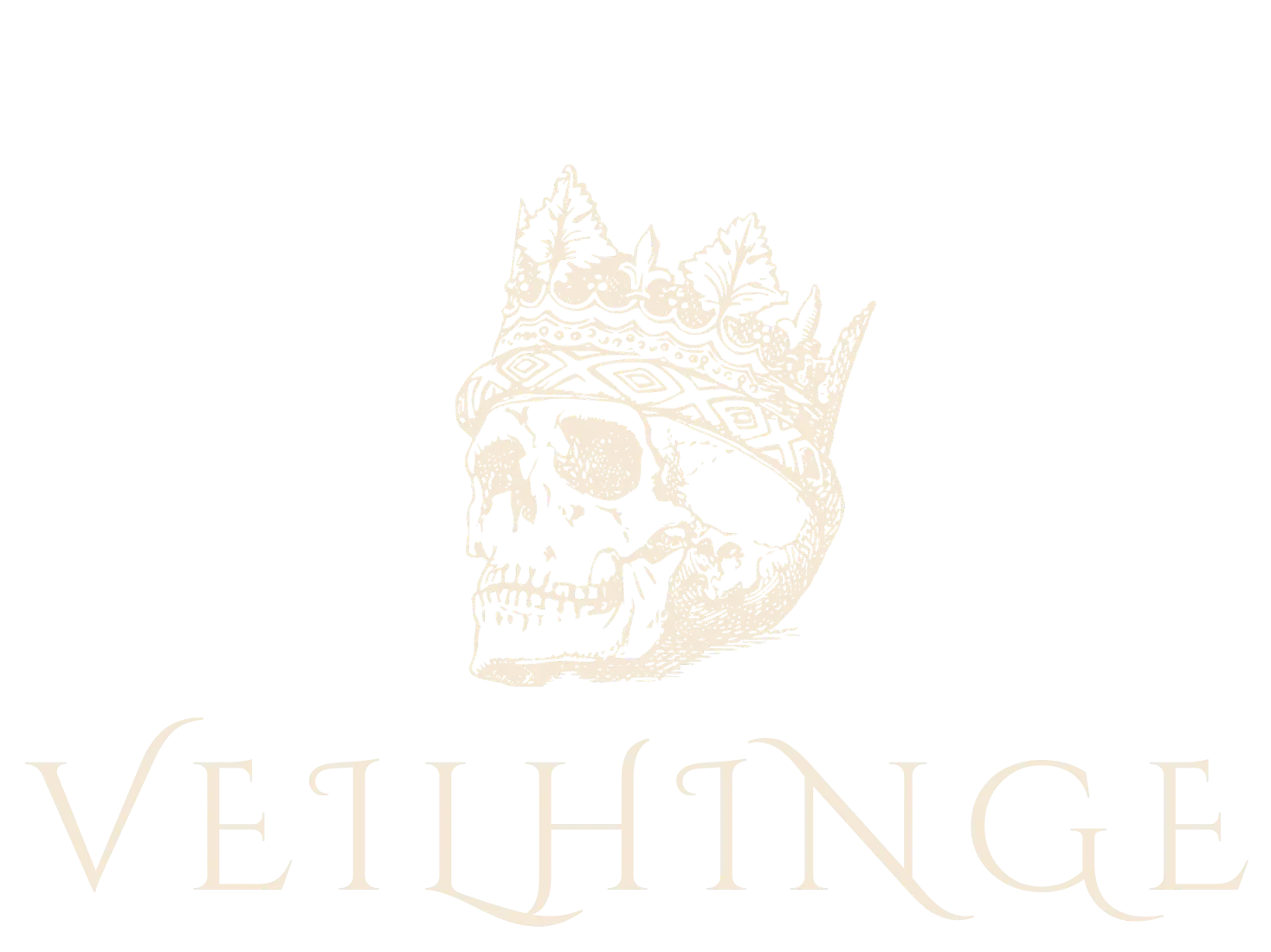 Veilhinge dark jewelry brand logo in light beige - skull wearing crown with DARK JEWELRY tagline on transparent background