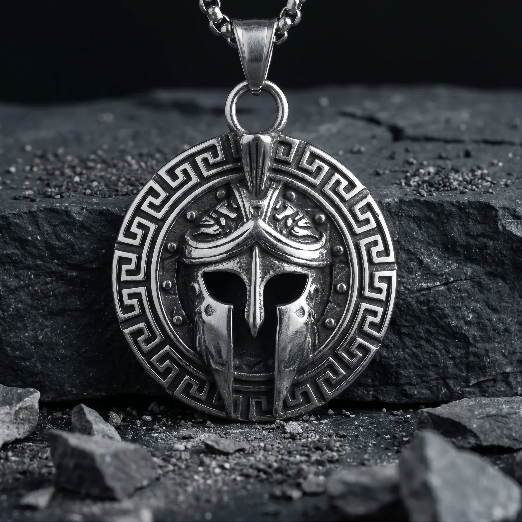 Veilhinge pendant collection featuring oxidized silver Spartan warrior helmet pendant with Greek key pattern on dark stone background