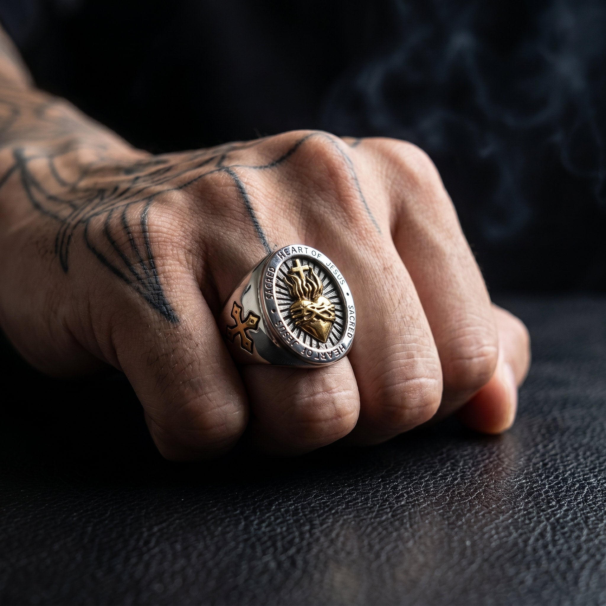 gothic sacred heart ring worn on hand stainless steel christian signet ring