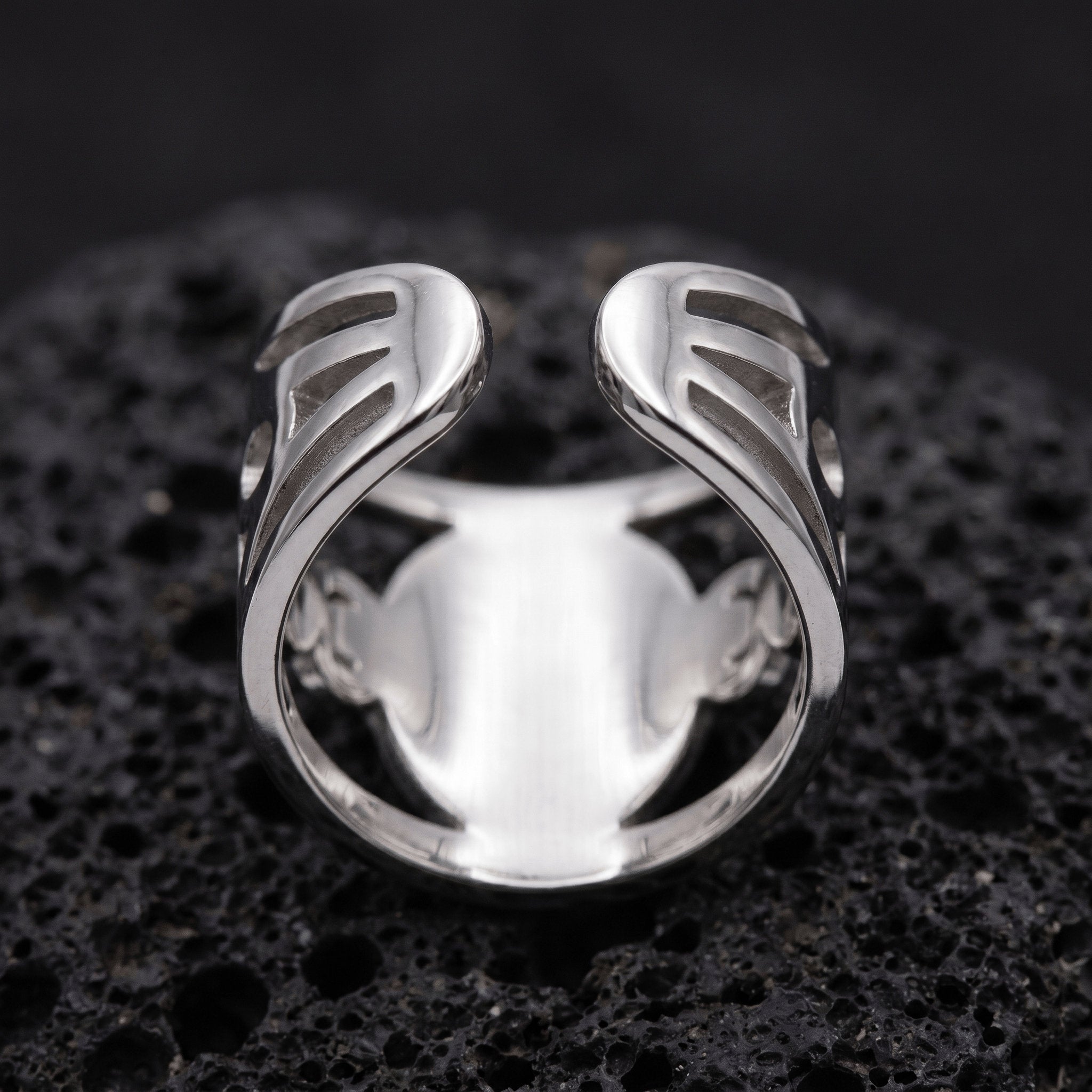 polished stainless steel ring saint benedict medal engraving detail backview