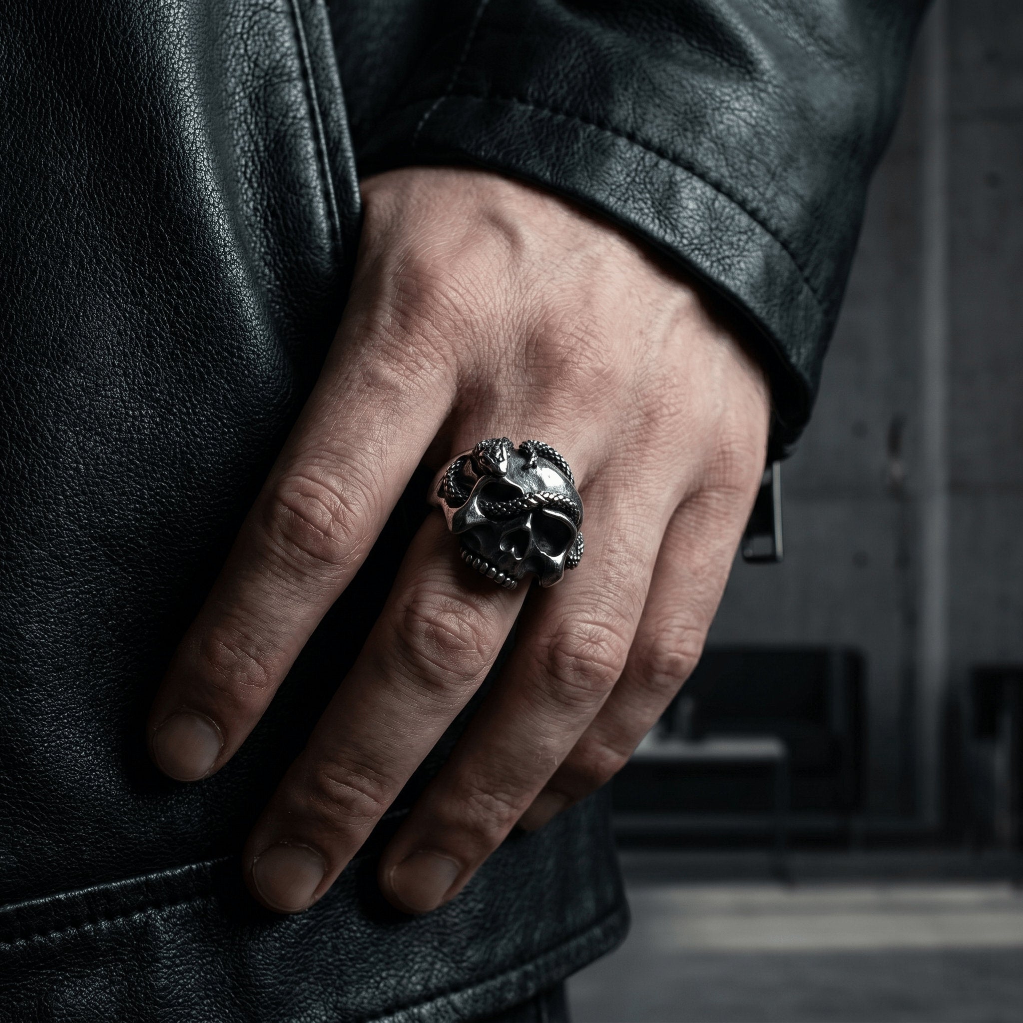 serpent skull ring on hand dark aesthetic stainless steel ring