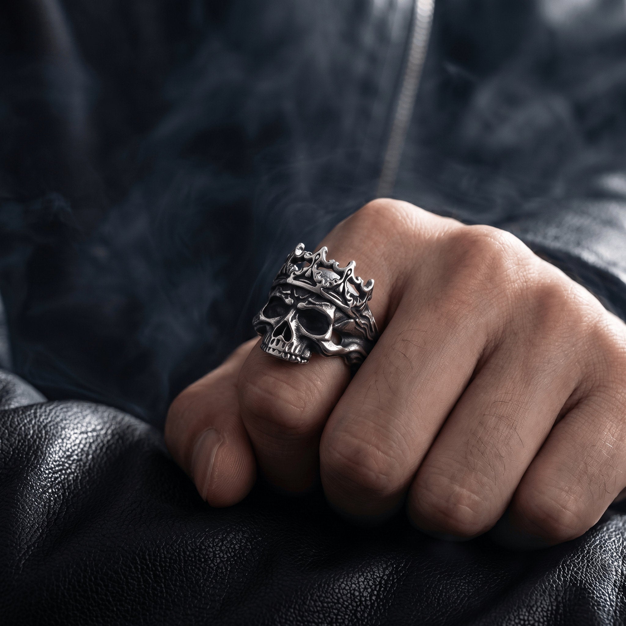 gothic skull crown ring stainless steel worn on hand biker style