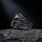 stainless steel skull ring engraved wings and roman numerals detail