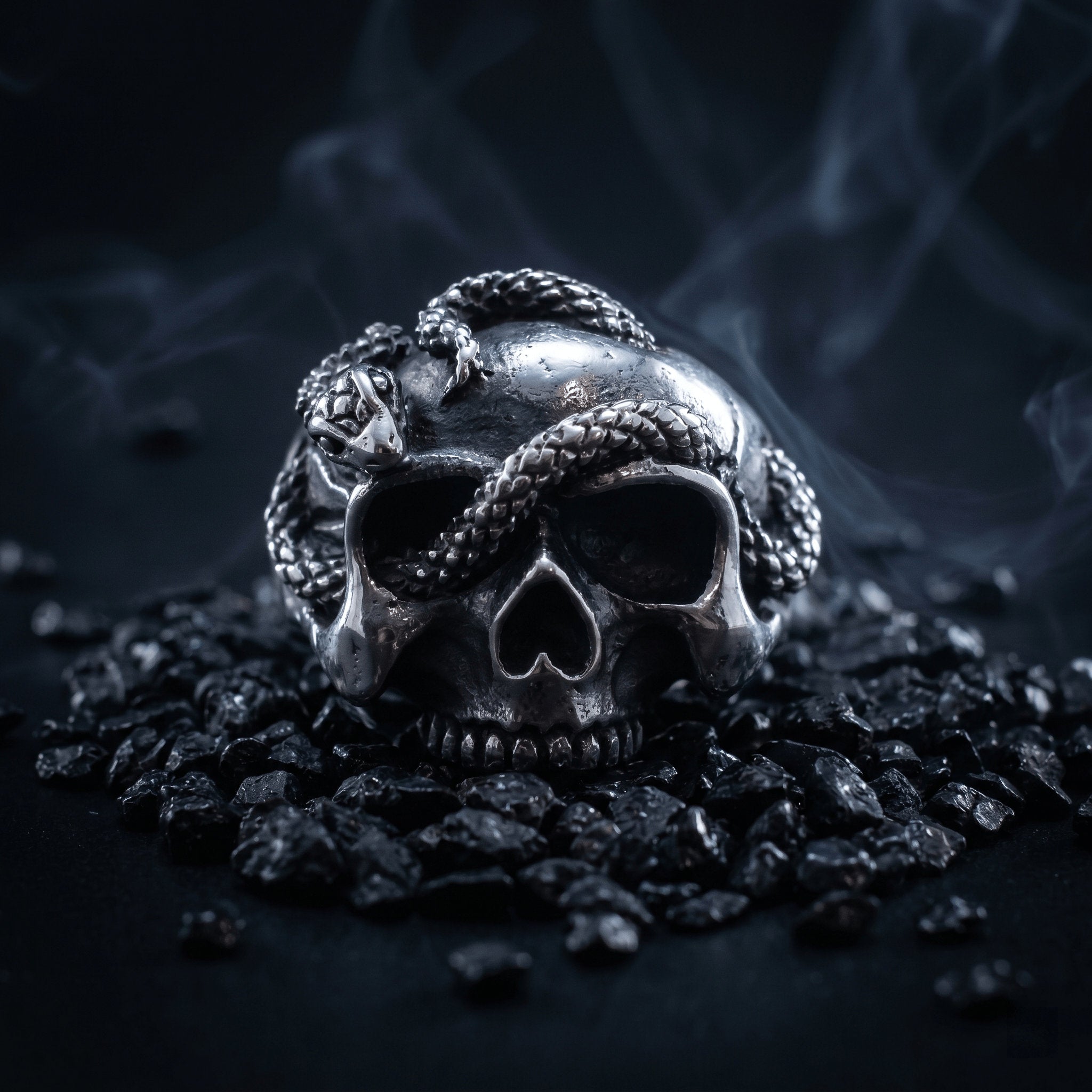 snake wrapped skull ring gothic style stainless steel detail