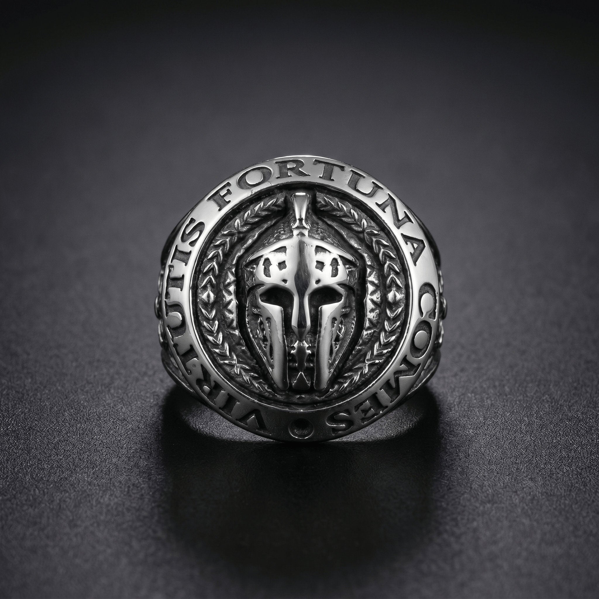 spartan helmet ring with latin engraving fortuna vincit omnia