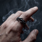 barbed thorn ring worn on hand dark aesthetic stainless steel ring with white smoke