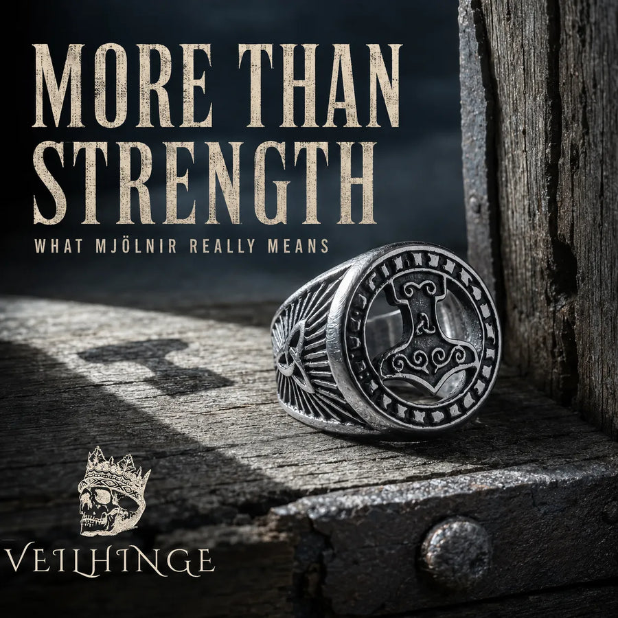 A silver-toned Viking-style ring with a triquetra symbol on the face, displayed on weathered wood next to a dark wooden post. The image features text overlays reading 'MORE THAN STRENGTH' and 'WHAT MJÖLNIR REALLY MEANS', along with the Veilingnge brand logo and name in the bottom left corner.