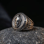 Veilhinge Spartan helmet ring side view showing intricate engravings