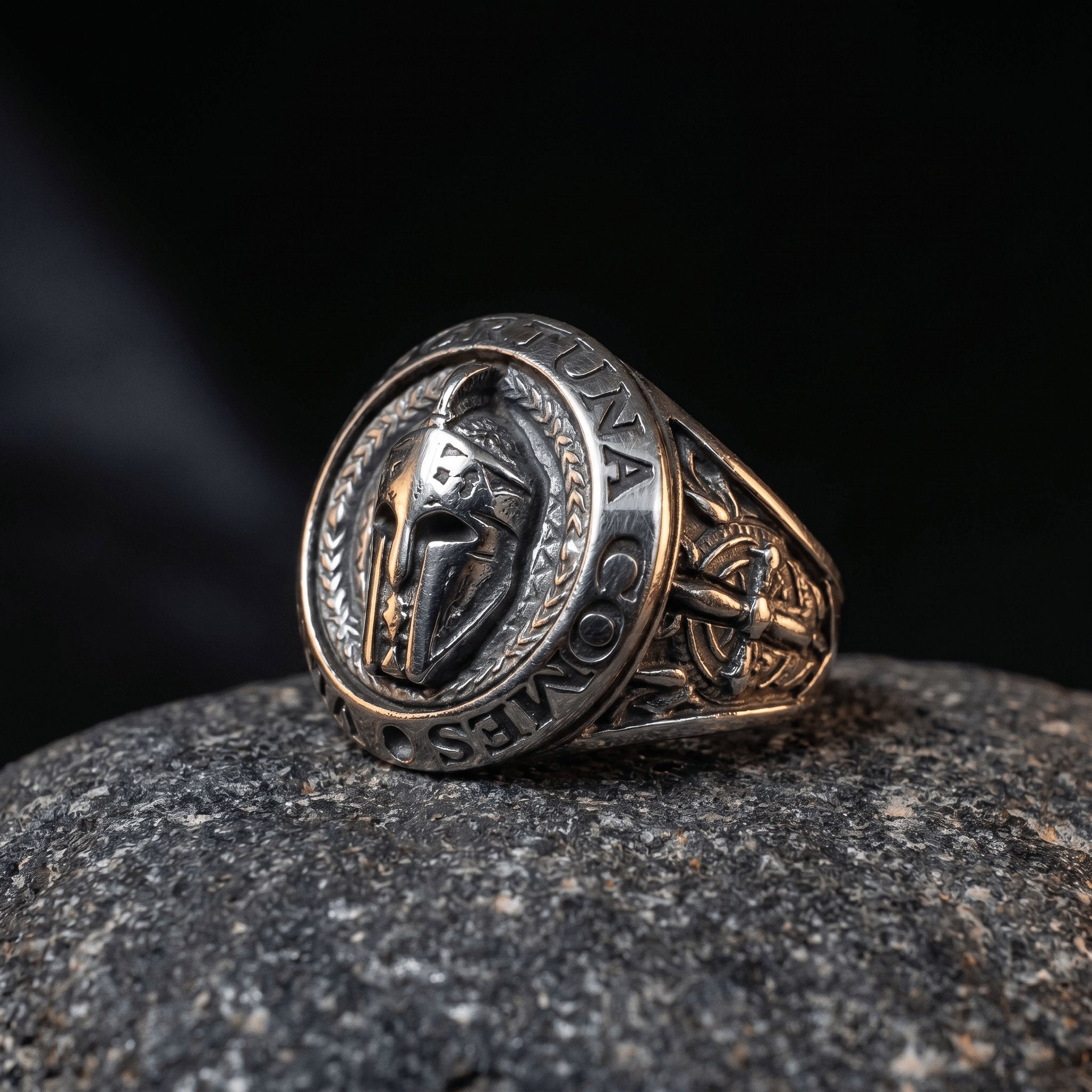Veilhinge Spartan helmet ring side view showing intricate engravings