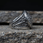 detailed warrior signet ring with sword and shield engraving