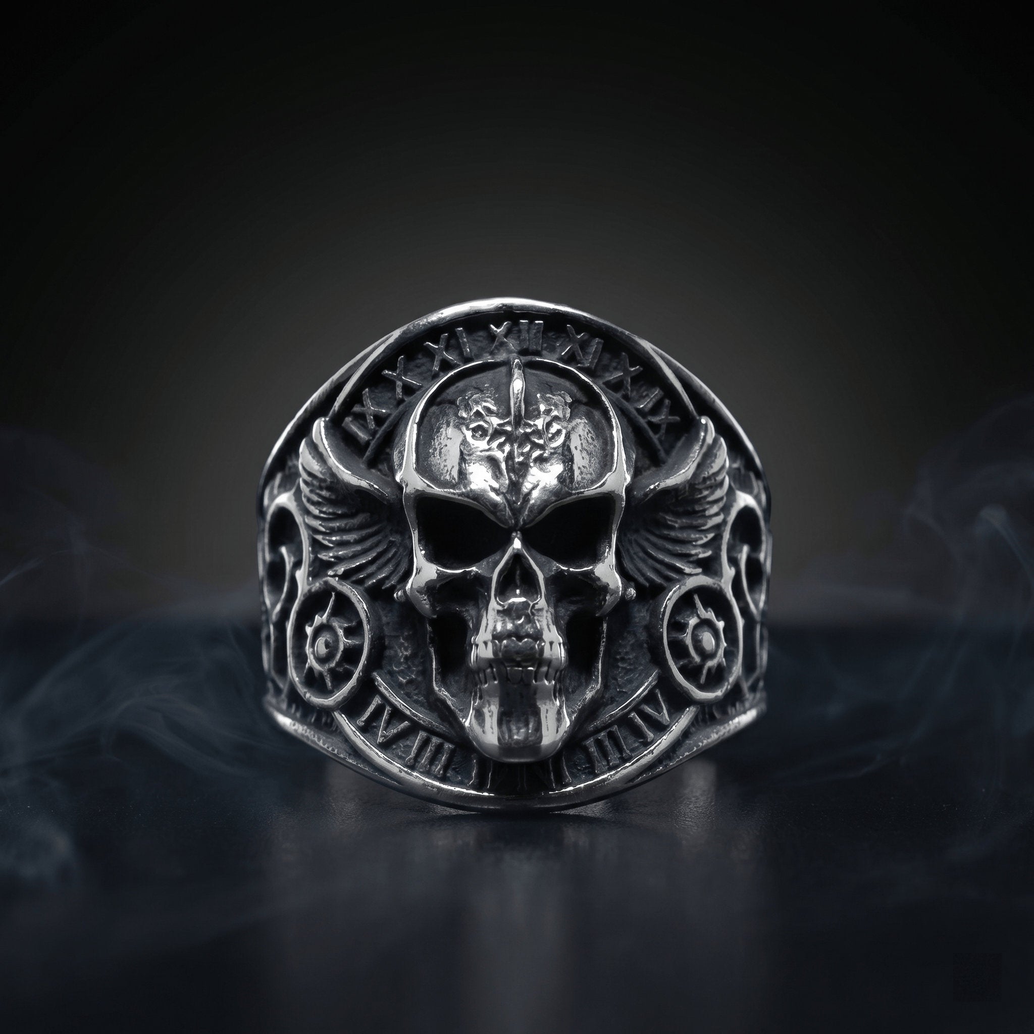 winged skull ring roman numeral gothic stainless steel biker ring