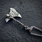 Viking battle axe pendant necklace back view, Vegvisir Norse compass engraved on blade with skull detail, oxidized silver, viking rune jewelry