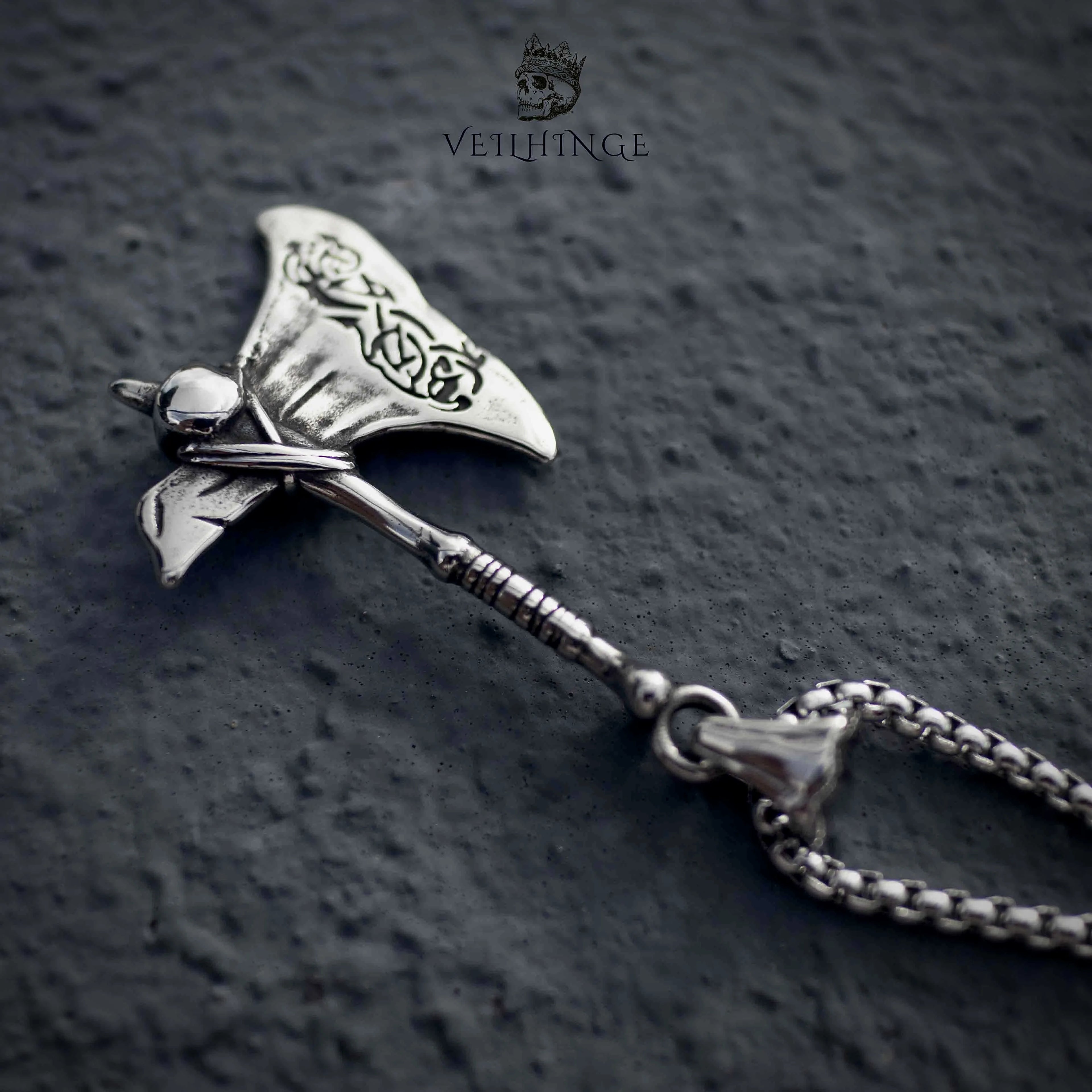 Viking battle axe pendant necklace back view, Vegvisir Norse compass engraved on blade with skull detail, oxidized silver, viking rune jewelry