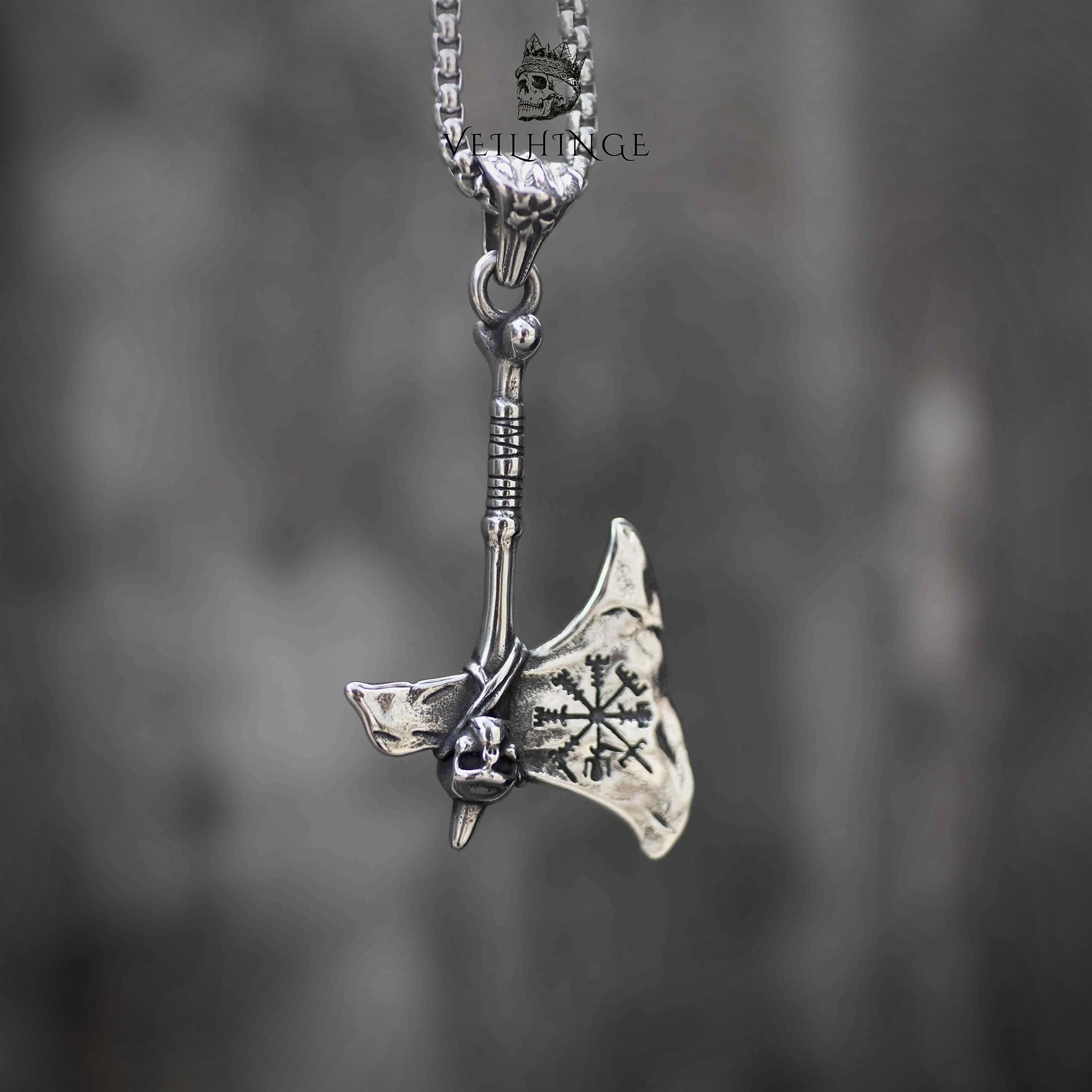 Viking battle axe pendant necklace front view, Celtic knotwork engraving on axe blade, oxidized silver, Norse dark aesthetic jewelry