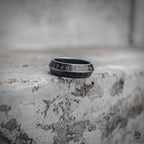 Viking rune band ring with beveled edge and double row Elder Futhark engraving in oxidized antique silver stainless steel, Norse minimalist dark aesthetic ring by Veilhinge