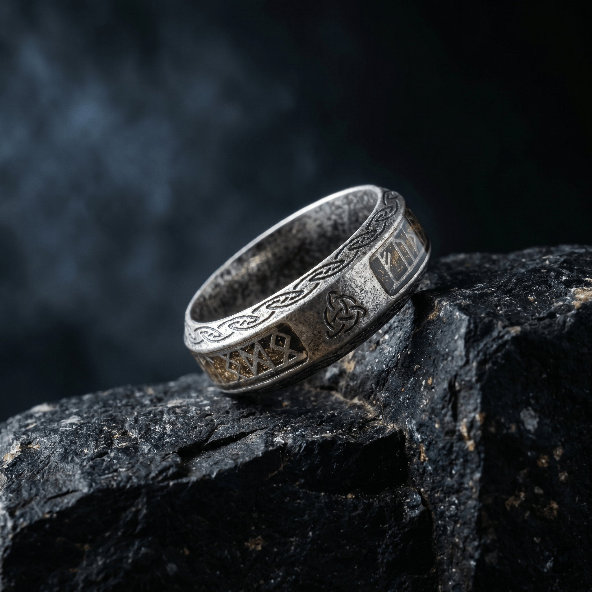 viking rune ring resin inlay antique gold detail
