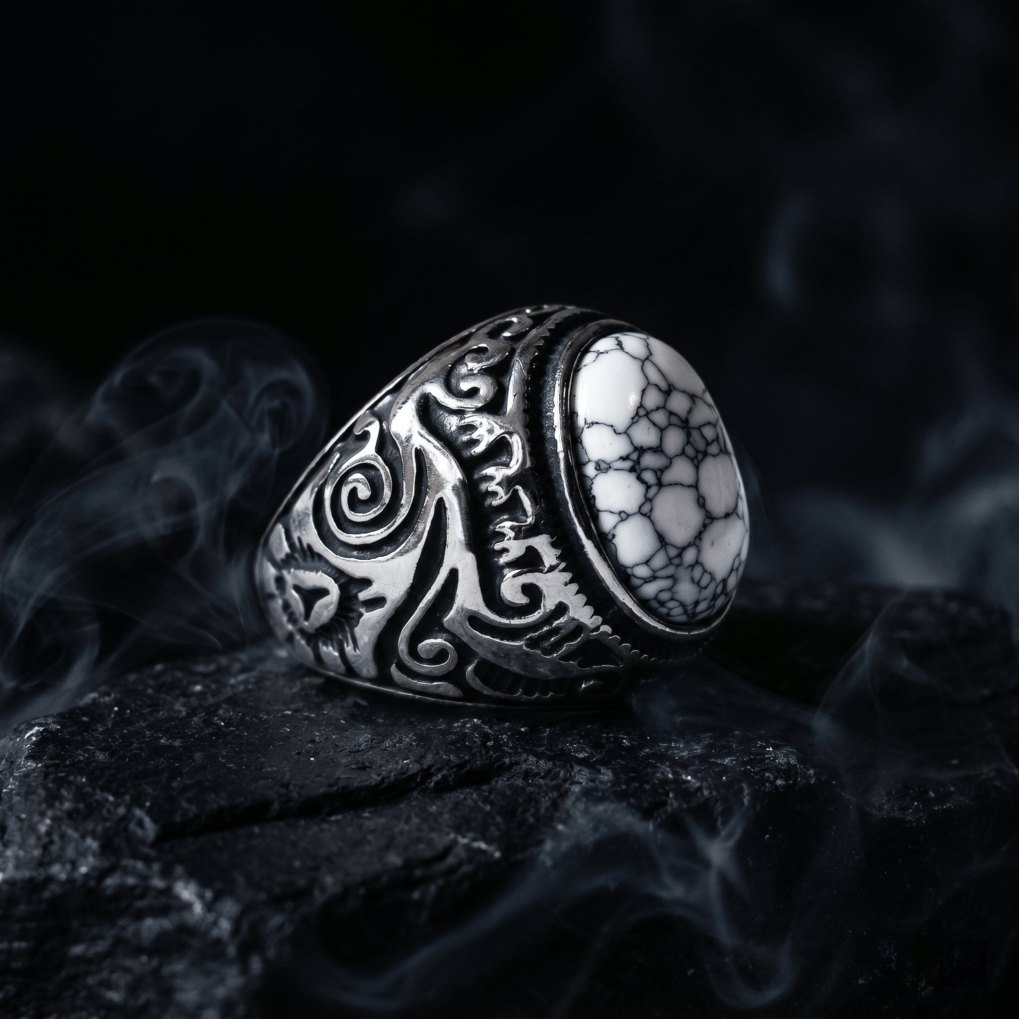 dark aesthetic white stone signet ring product shot with smoke Main image