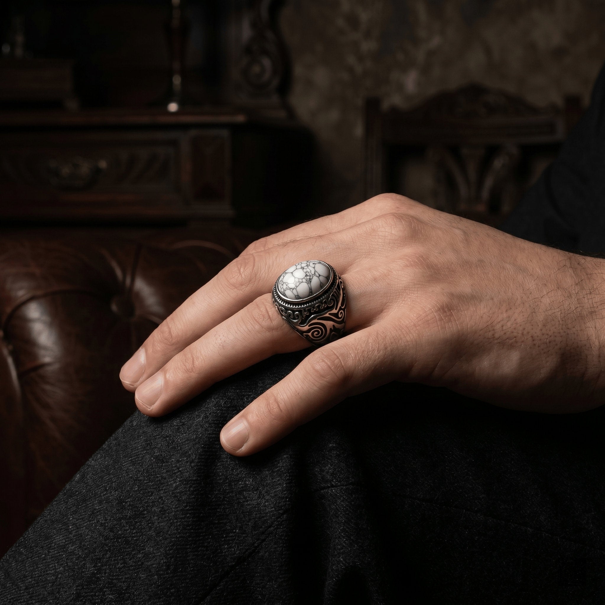 White Turquoise Scrollwork Signet Ring Secondary image