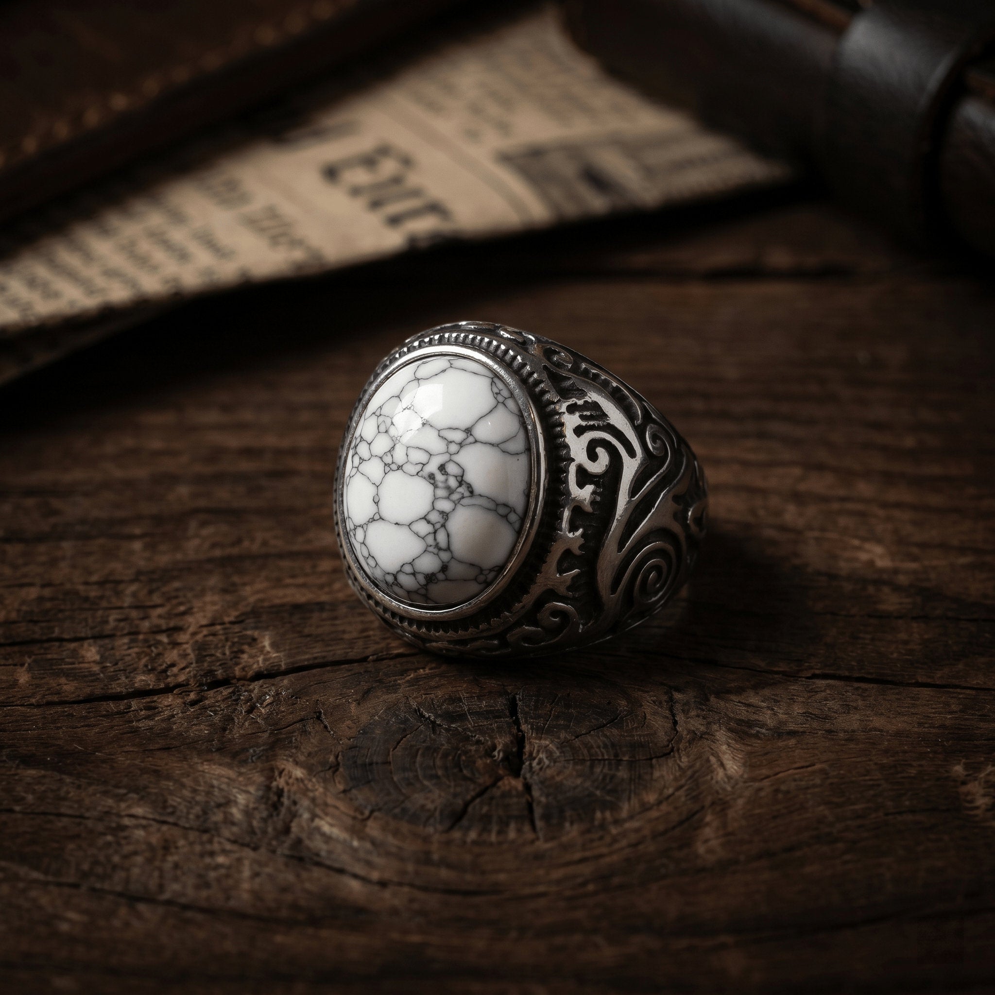 Vintage White Stone Signet Ring – Gothic Engraved Stainless Steel Band Secondary image