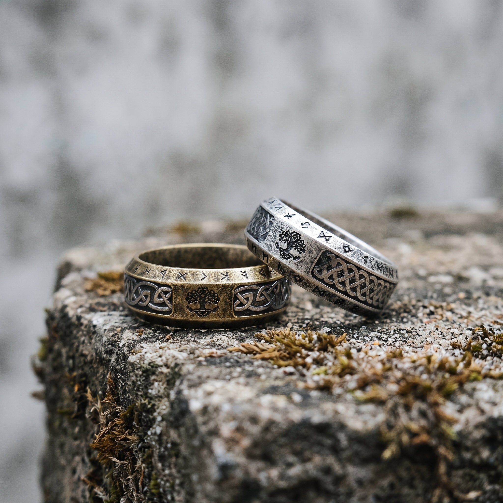 Antique gold and antique silver Yggdrasil Viking rings placed side by side on a mossy stone, showing both colorways together in a natural outdoor setting Main image